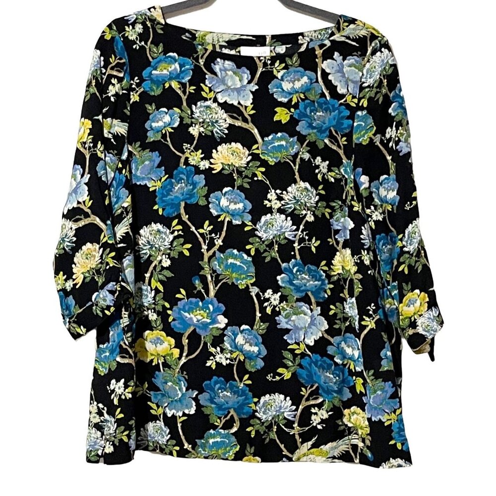 J.Jill Womens Floral Print Black Rayon 3/4 Sleeve Tie Cuff Blouse Size M